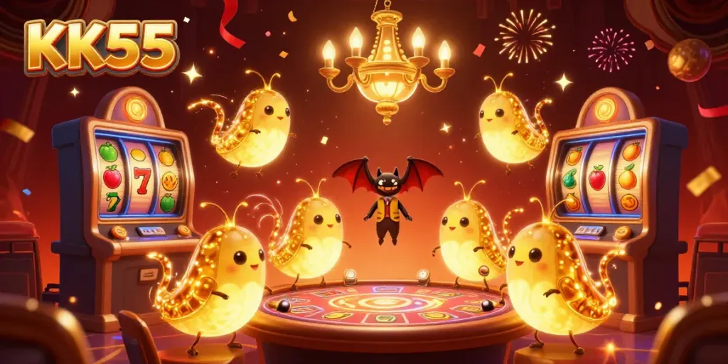 KK55 illuminates a vibrant casino scene with glowworms, spinning slot reels, and celebratory elements.
