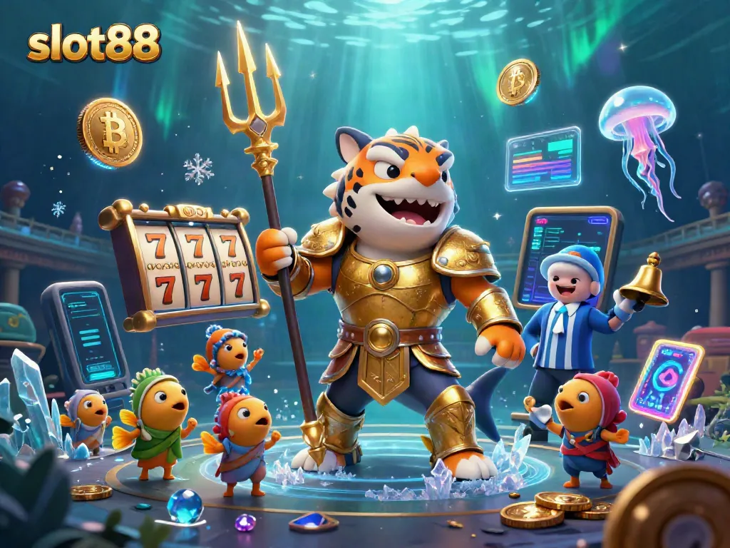 Experience slot88 excitement with a golden gladiator shark and vibrant slot elements in a dynamic underwater scene.