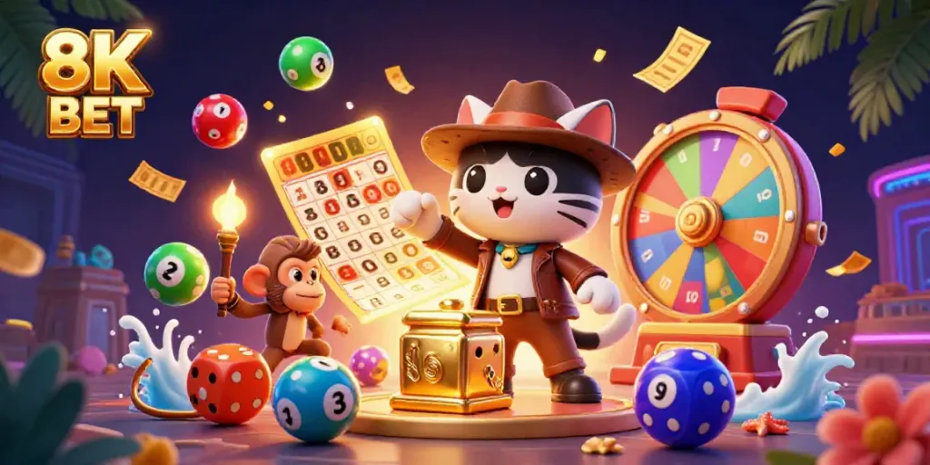 Engage in the vibrant world of 8K BET as a cartoon archaeologist cat discovers a golden casino artifact amidst a dynamic scene of excitement.