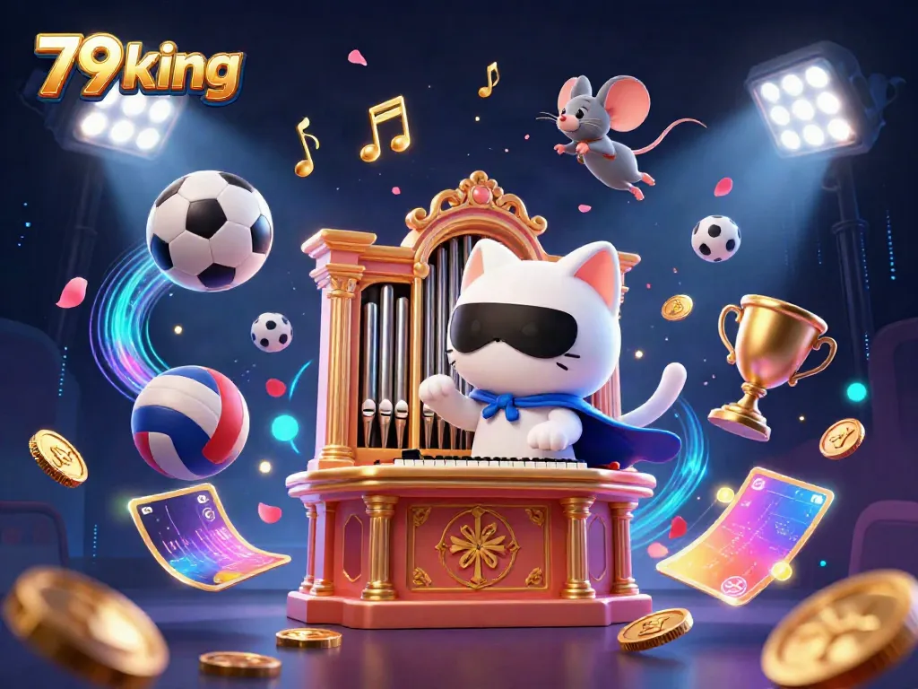 Engage with the exciting atmosphere at 79king, featuring a whimsical cat at a casino organ with exhilarating gaming elements.