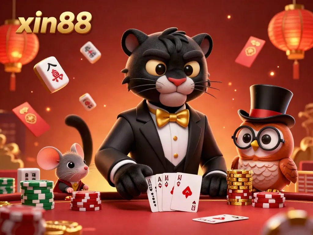 Bet on winning hands with xin88 as the stylish panther deals cards and lucky characters showcase their poker prowess.