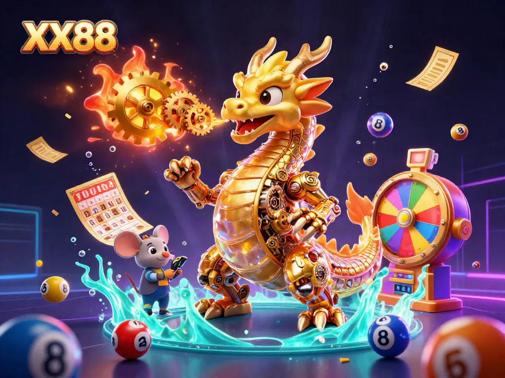 Experience the thrill at XX88 as a mystical dragon and engineer immerse in a vibrant gambling paradise.