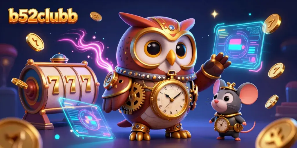 b52clubb showcases an exciting 3D casino scene with steampunk owls and dynamic slot elements.