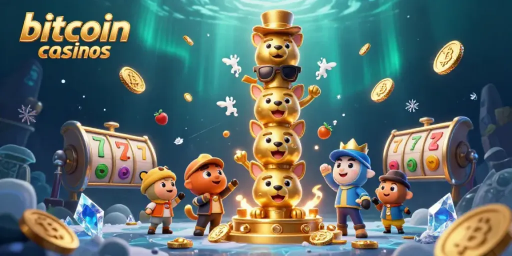 Spin exciting games at top bitcoin casinos with a whimsical 3D totem and vibrant crypto elements.