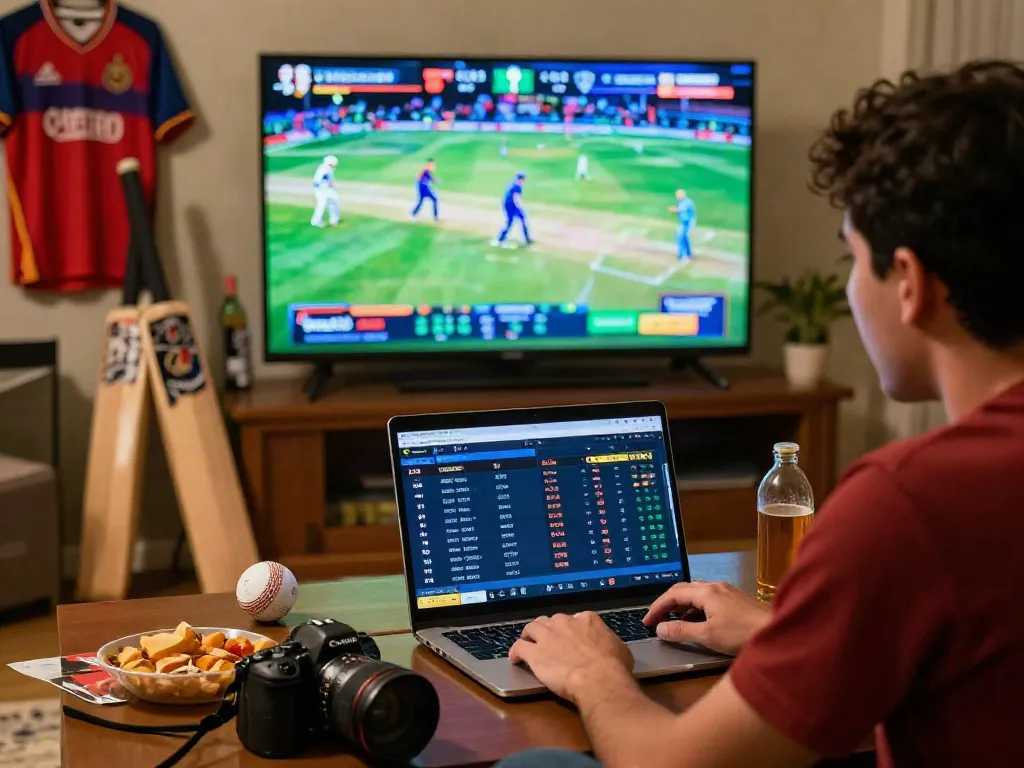 Cricket fan engaging in live betting with lotus365 on laptop surrounded by sports memorabilia