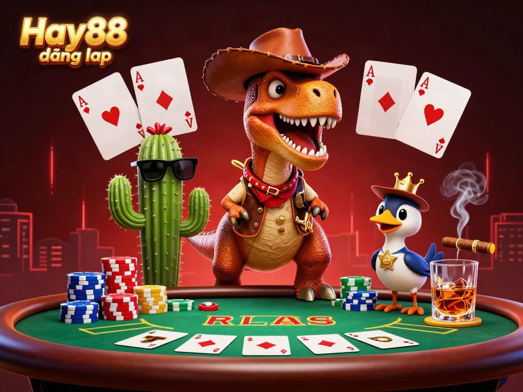 Engage in thrilling gameplay with Hay88 đăng nhập featuring a dino dealer amidst a vibrant casino scene.