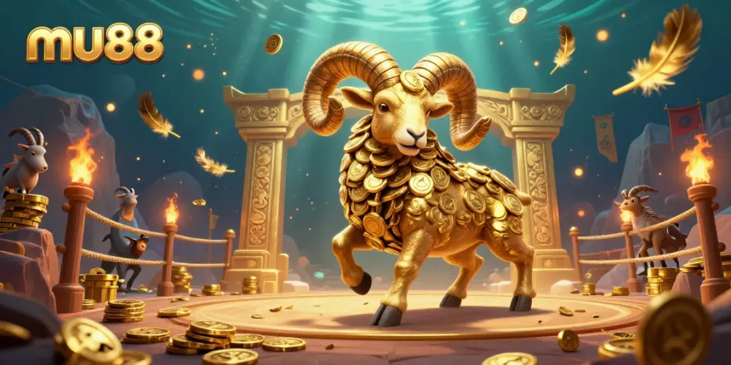 Experience the thrilling world of mu88 with a golden ram charging through a vibrant casino scene adorned with betting tokens and shimmering coins.
