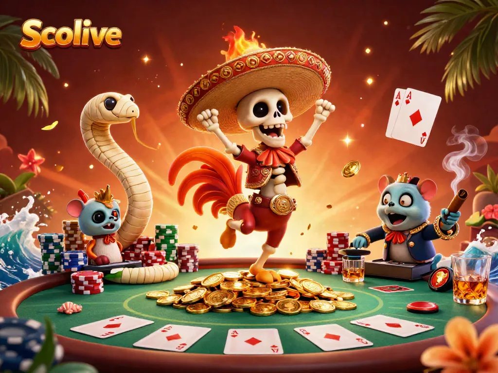 Socolive captures a vibrant gaming scene with a dancing rooster, poker elements, and rich visuals.