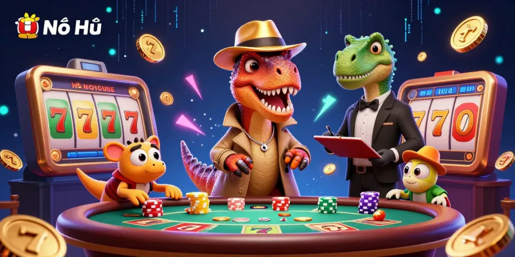 Betting excitement at Nổ Hũ with a velociraptor at blackjack, showcasing vibrant gaming elements.