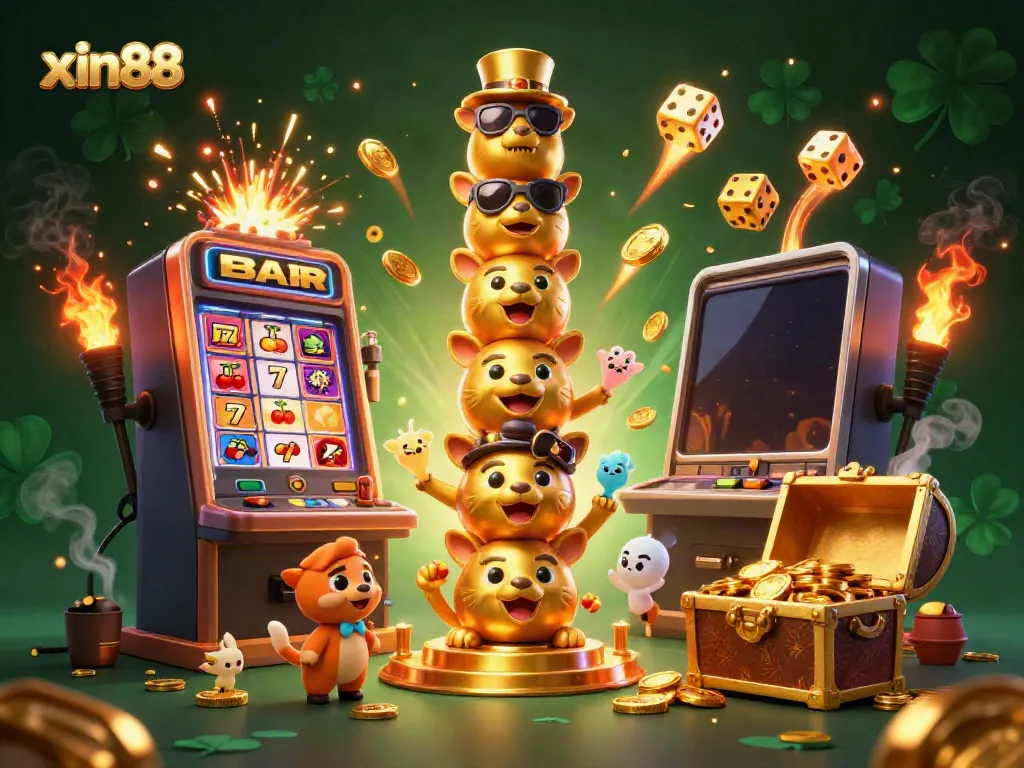 Experience the thrill of xin88 with a vibrant 3D casino-themed illustration featuring a jackpot slot explosion and animated characters.