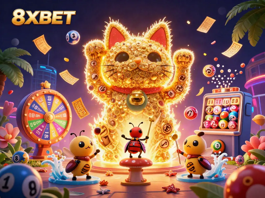 Engage with the vibrant world of 8XBET through dynamic casino-themed imagery featuring a lucky cat.