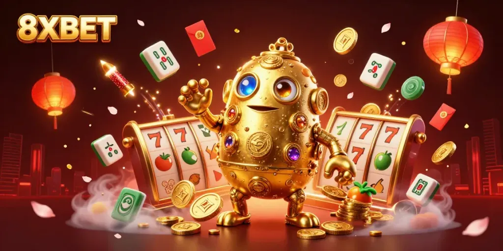Engage with 8XBET's thrilling casino experience featuring colorful slot reels and a golden golem.