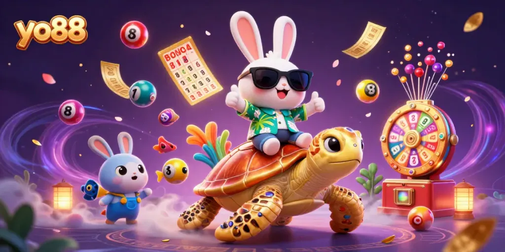 Engage with the fun at yo88, featuring a lucky rabbit on a golden turtle amidst vivid gambling elements.