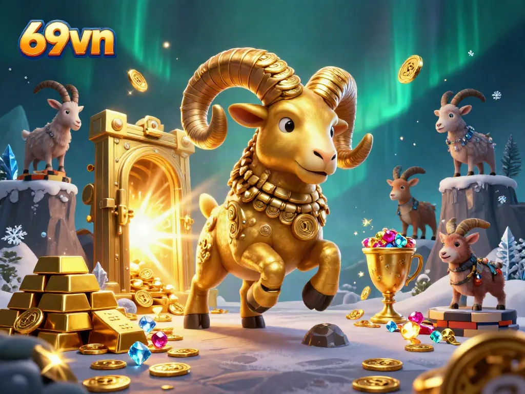 Experience thrilling gameplay with 69vn's glorious golden ram and treasure-filled casino scene.