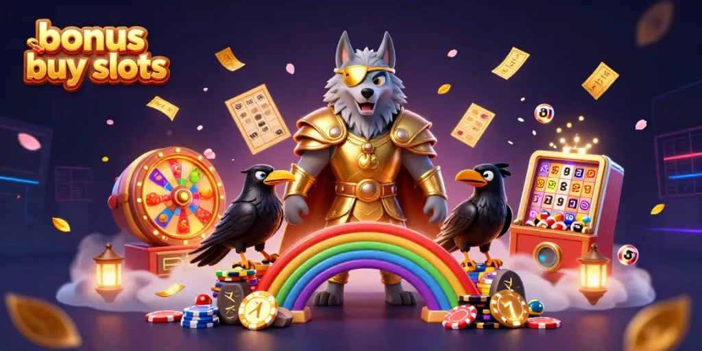 Experience the thrill of bonus buy slots with Odin and his ravens amid casino elements in a mystical scene.