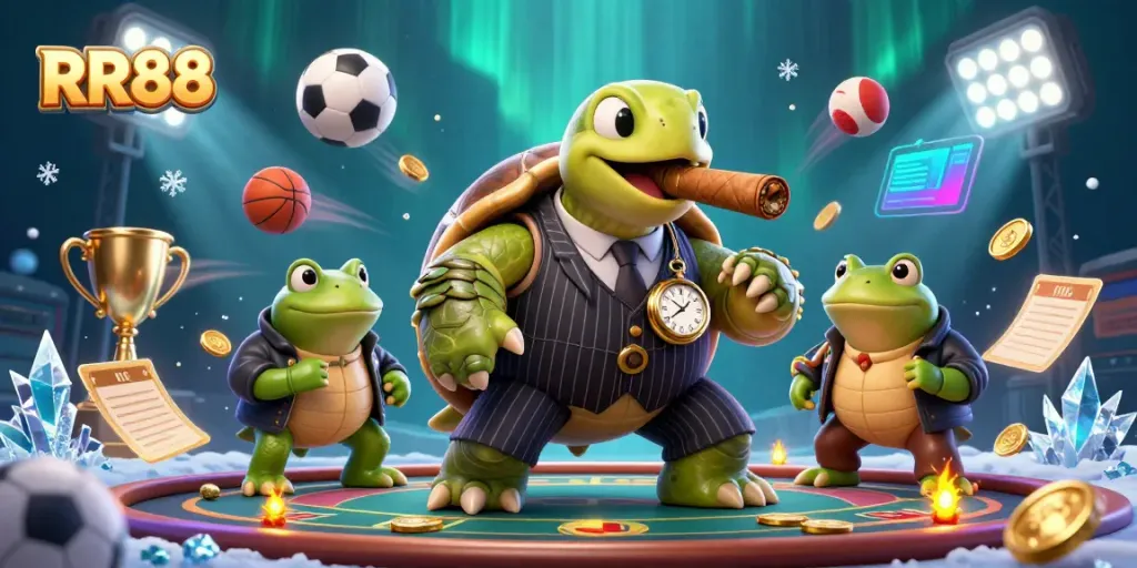 RR88 depicts a massive snapping turtle in a mobster suit, flanked by bullfrog enforcers, celebrating exciting sports betting.