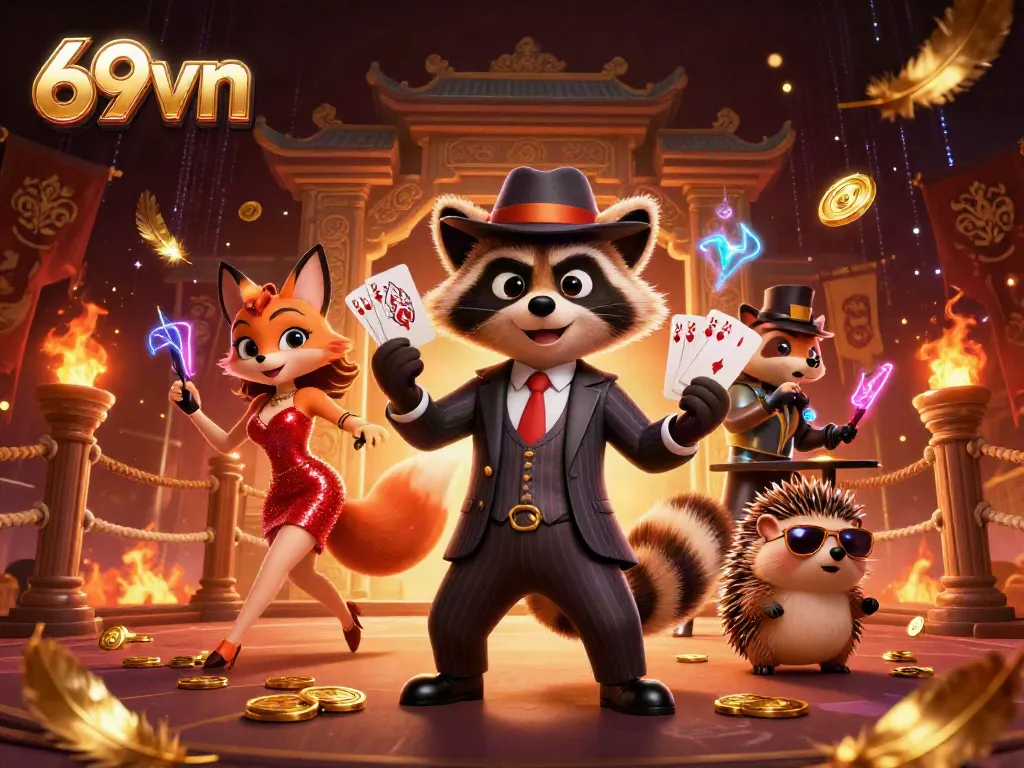 Experience thrilling moments at 69vn with a 3D illustration of charming characters and vibrant casino elements.