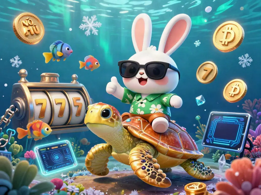 Win big with Nổ Hũ as a lucky rabbit rides a golden sea turtle amidst vibrant slot machine elements and crypto coins.