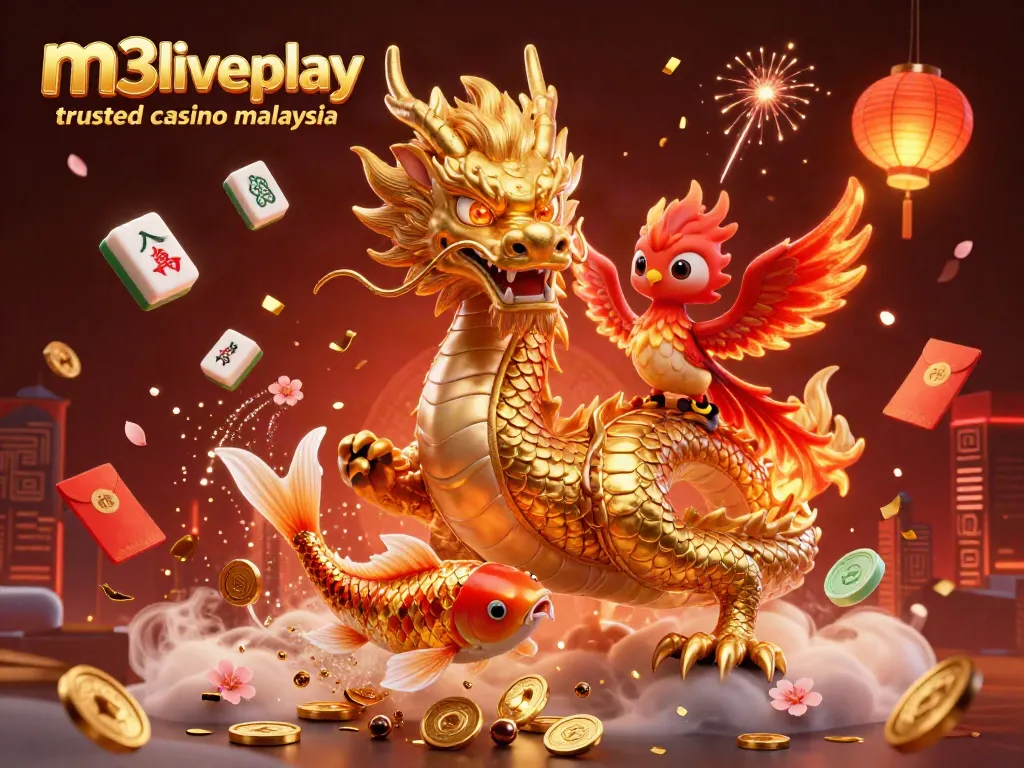Engage in vibrant fun with m3liveplay trusted casino malaysia featuring dragons, koi, and casino elements.