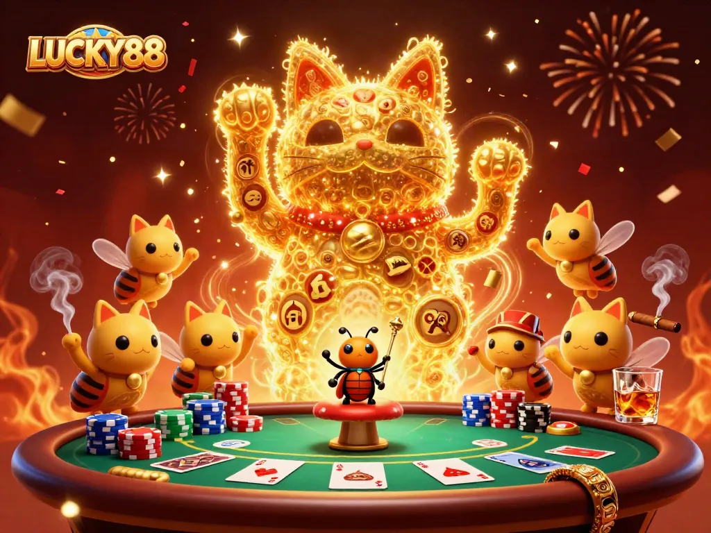 Experience thrilling gaming at LUCKY88 with a spectacular 3D lucky cat and casino action scene.