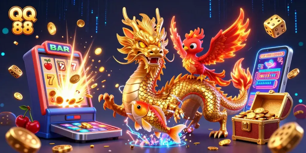 Engage in thrilling casino adventures with QQ 88, featuring a dragon, phoenix, and koi fish amidst jackpot fun.