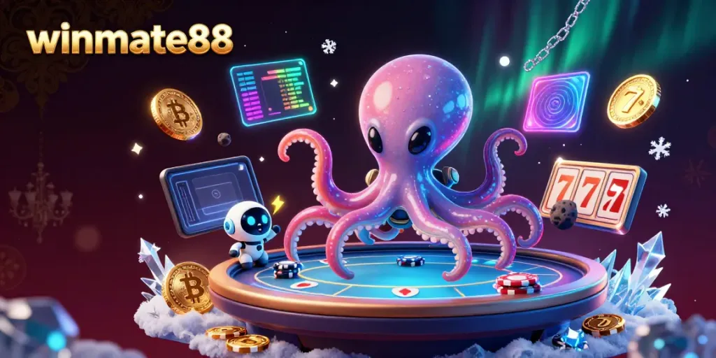 Engage with winmate88's dynamic gaming experience featuring a vibrant alien octopus at a poker table.