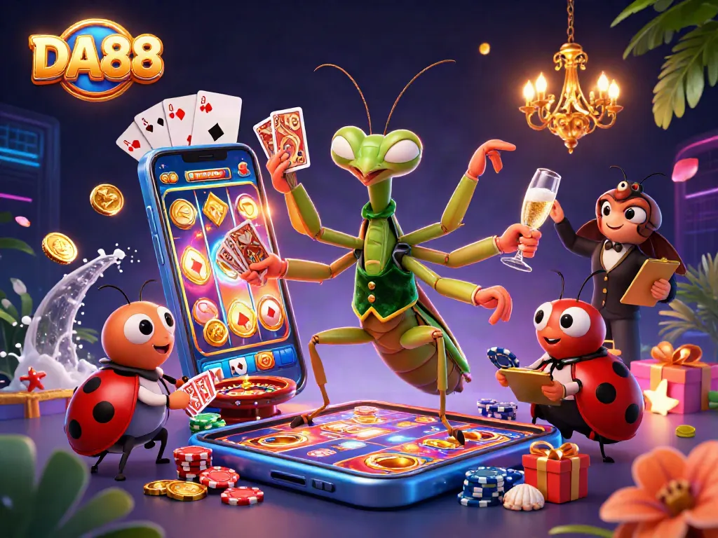 Win big with DA88 at this vibrant 3D casino scene featuring exciting game elements and characters.