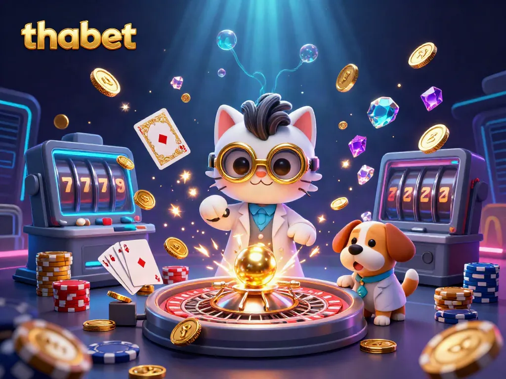 Capture the excitement of thabet casino with a dynamic scene of a mad scientist cat and lab assistant amidst golden coins and casino elements.
