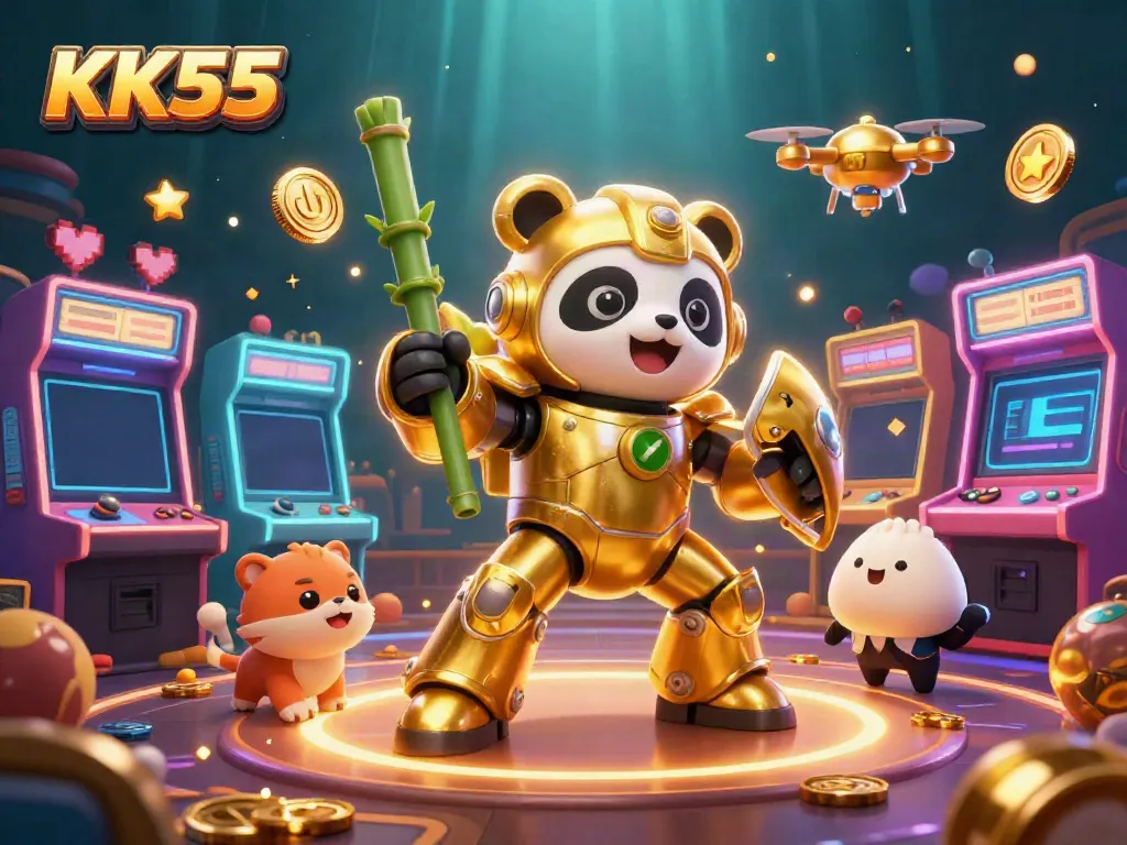 Engage with KK55 in a vibrant 3D casino illustration featuring a golden panda mech in a dynamic gaming arena.