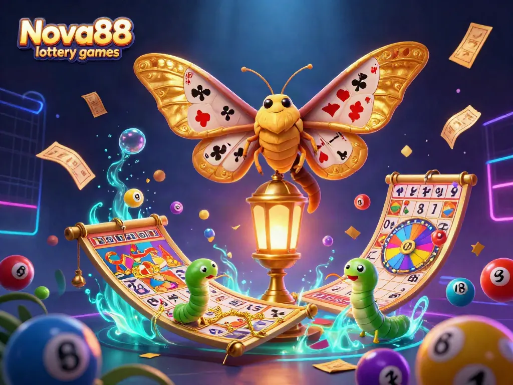 Engage in Nova88 lottery games with colorful balls, dynamic elements, and vibrant casinos.