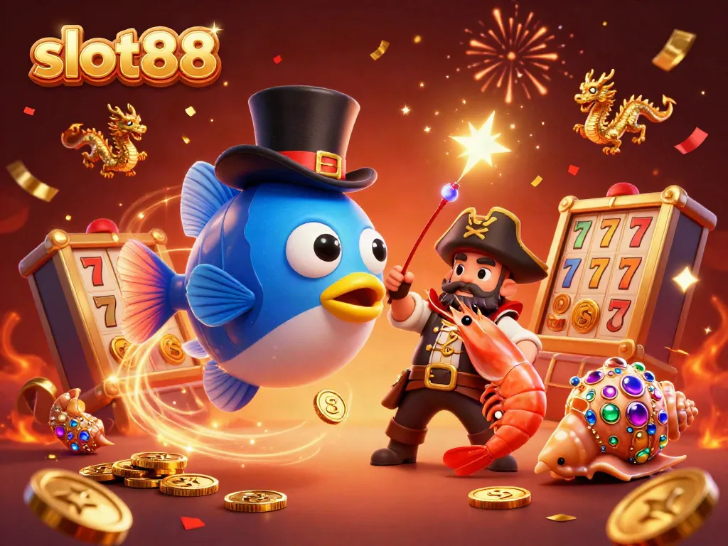 Engage with slot88's exciting world: a glowing anglerfish luring coins amidst a vibrant casino theme.