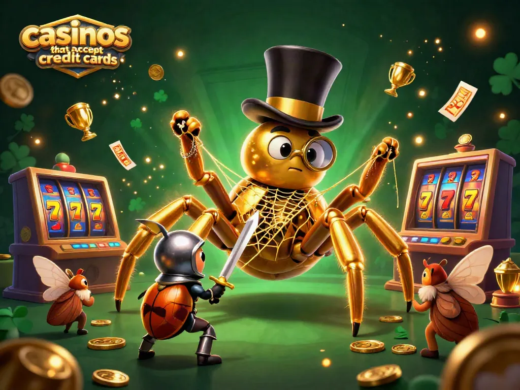 Engage with casinos that accept credit cards: golden tarantula weaving a web amid vibrant gaming symbols