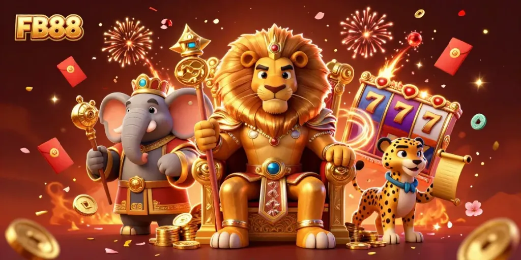 Experience the thrill of FB88 with a fierce lion king and dynamic gaming elements in this vibrant casino scene.