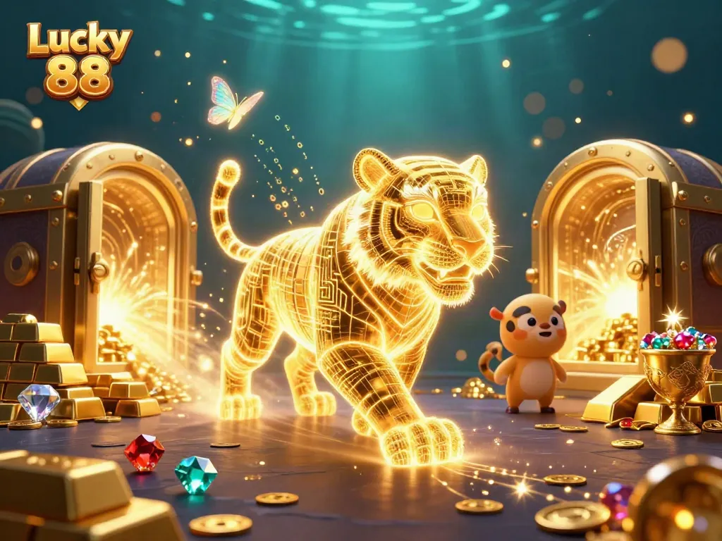 Engage with Lucky 88's vibrant digital casino scene filled with golden treasures and whimsical elements.
