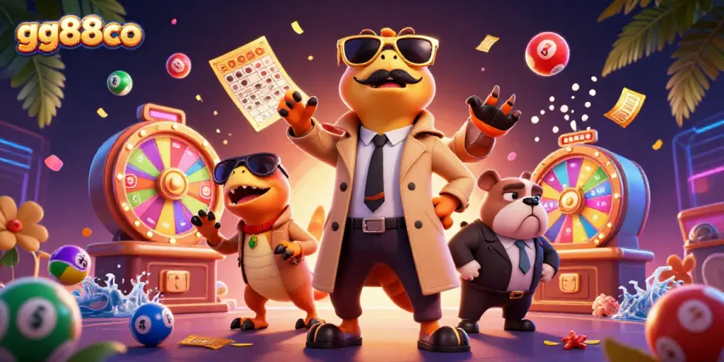 Three raptors disguised as a tall person entering a VIP casino lounge with gg88co branding.