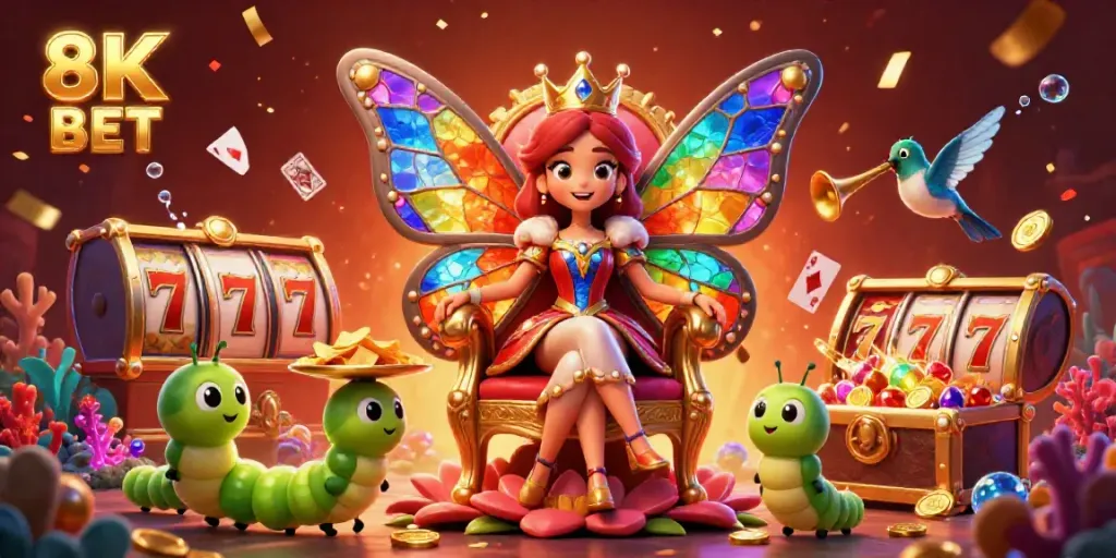 Experience the excitement of 8K BET with a 3D illustration of a butterfly queen in a glamorous casino.