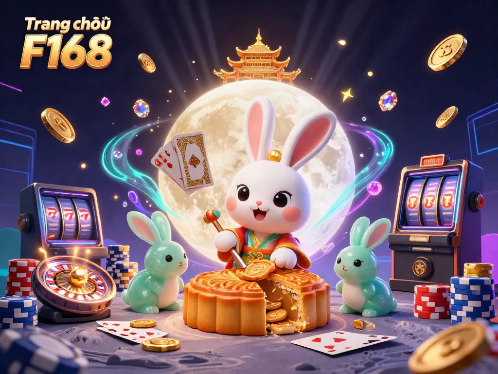 Celebrate wins at Trang chủ F168, featuring a lively scene with a moon rabbit, golden coins, and a vibrant casino atmosphere.