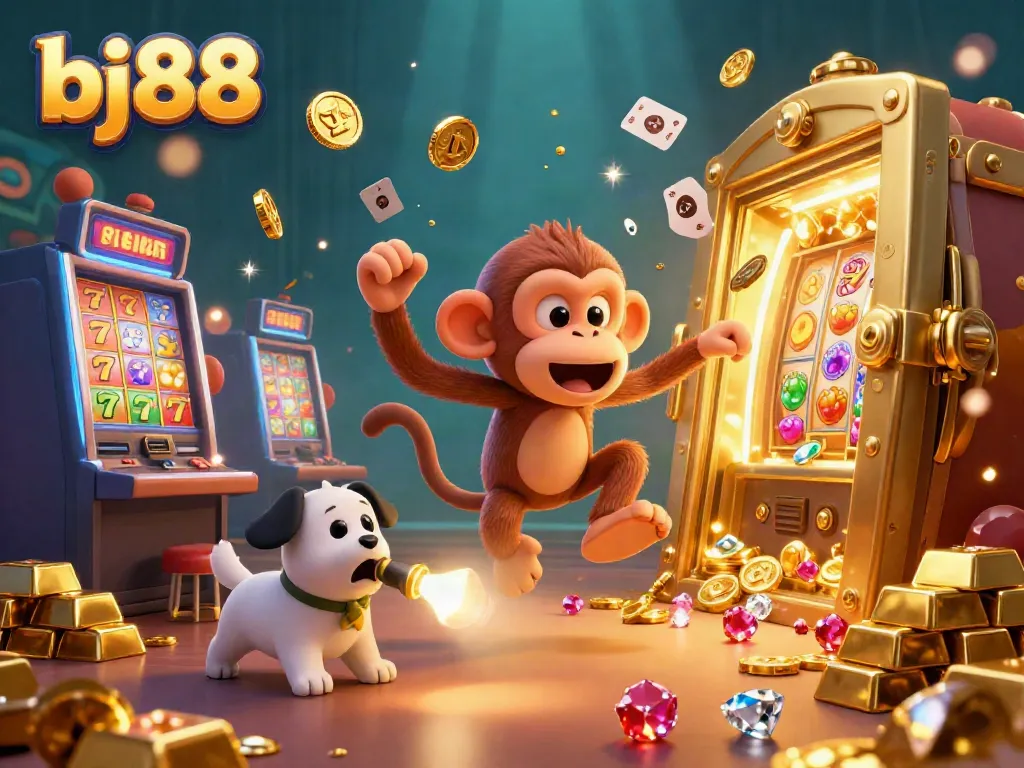 BJ88 gamblers experience excitement with a mischievous monkey and a ghost-hunter puppy in a casino scene.