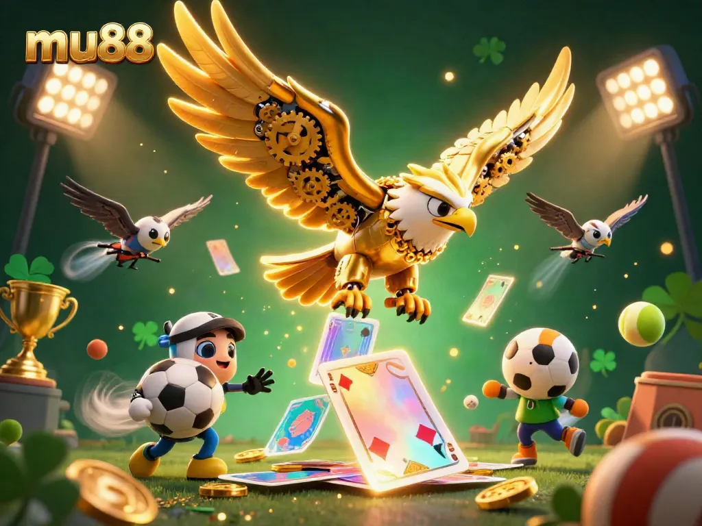 Experience the thrill of mu88 with a dynamic casino scene showcasing a cybernetic eagle and sports elements.