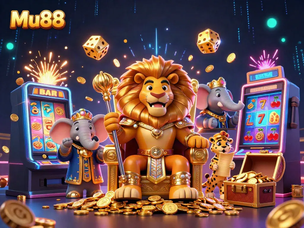 Engage with Mu88's vibrant gaming world through a captivating 3D illustration of a royal lion king, elephant advisor, and speedy cheetah.