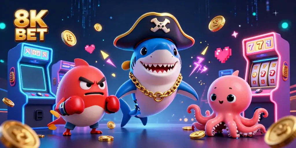 Catch jackpot excitement with 8K BET in a vibrant casino scene featuring colorful gaming characters