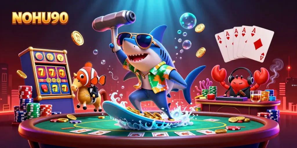 Enjoy the vibrant NOHU90 gaming scene featuring a hammer-head shark and friends amidst dynamic casino elements.