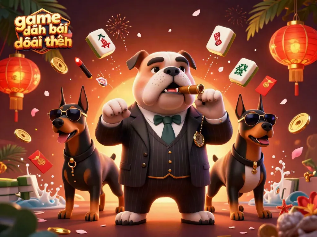Experience the game đánh bài đổi thưởng action with the mafia boss bulldog and his Doberman guards amidst vibrant casino elements.