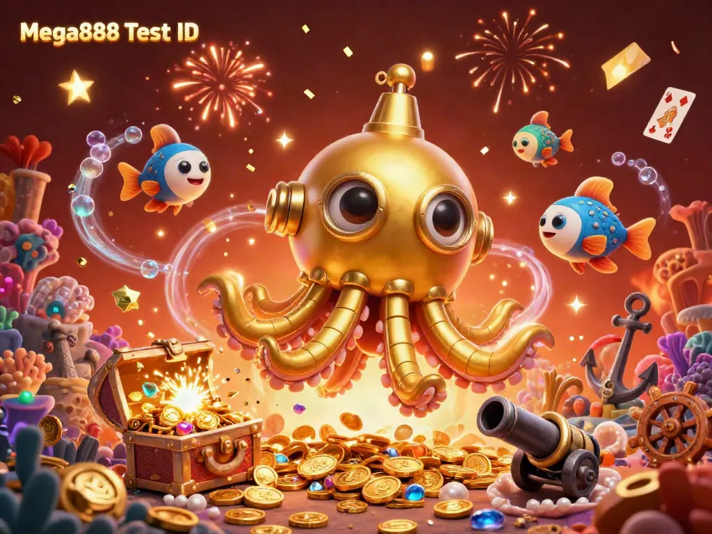 Engage with Mega888 Test ID via a vibrant 3D treasure scene bursting with gold coins and games.