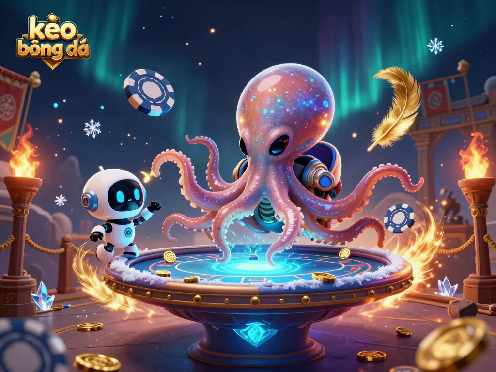 Engaging kèo bóng đá scene featuring a vibrant alien octopus dealing on a holographic poker table with dynamic casino elements.