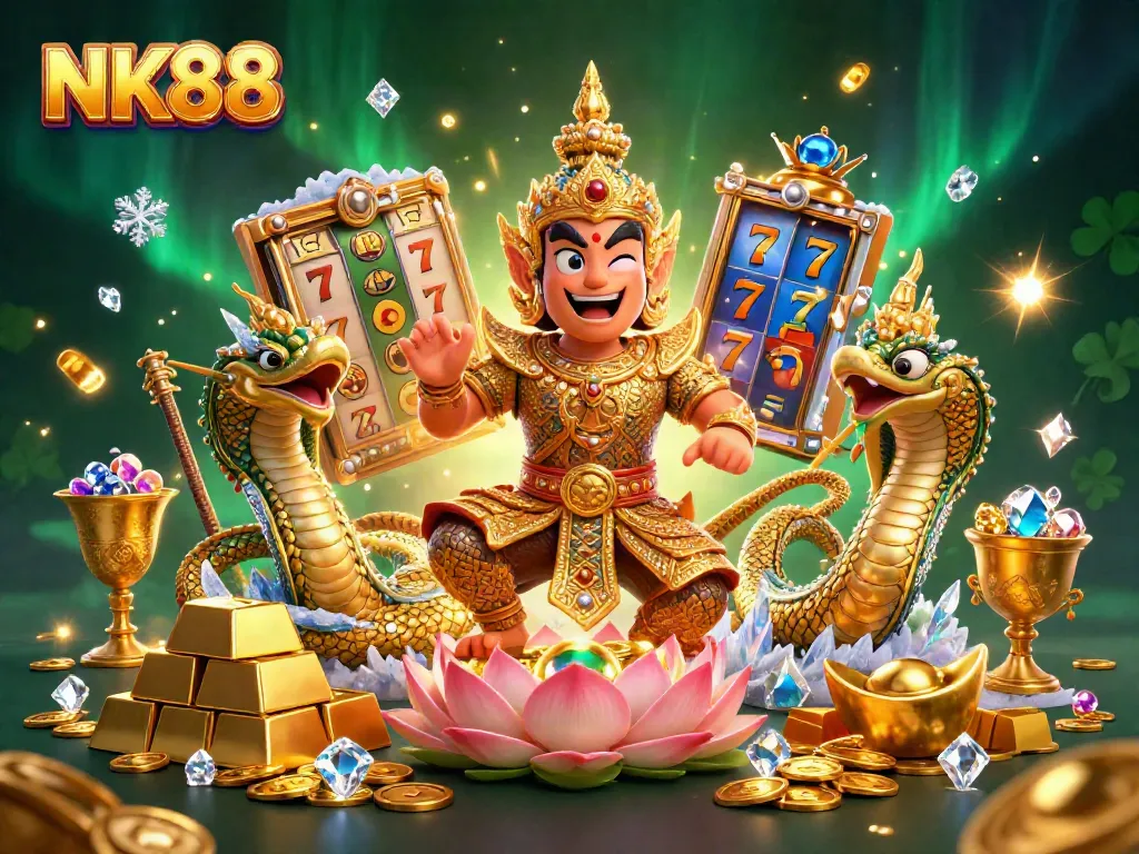 Spin the reels with NK88, encountering treasures and jackpots in a vibrant casino scene.