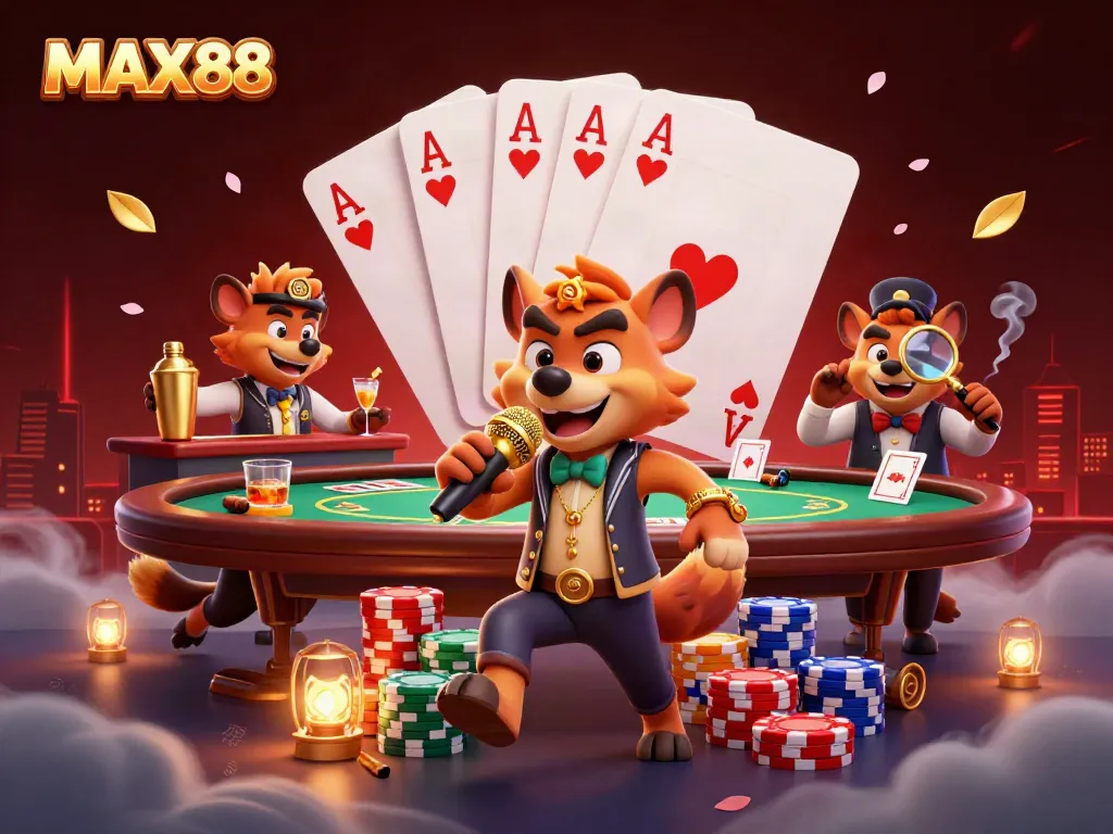 Experience the thrill of MAX88 with a lively hyena casino scene featuring comedy and poker.