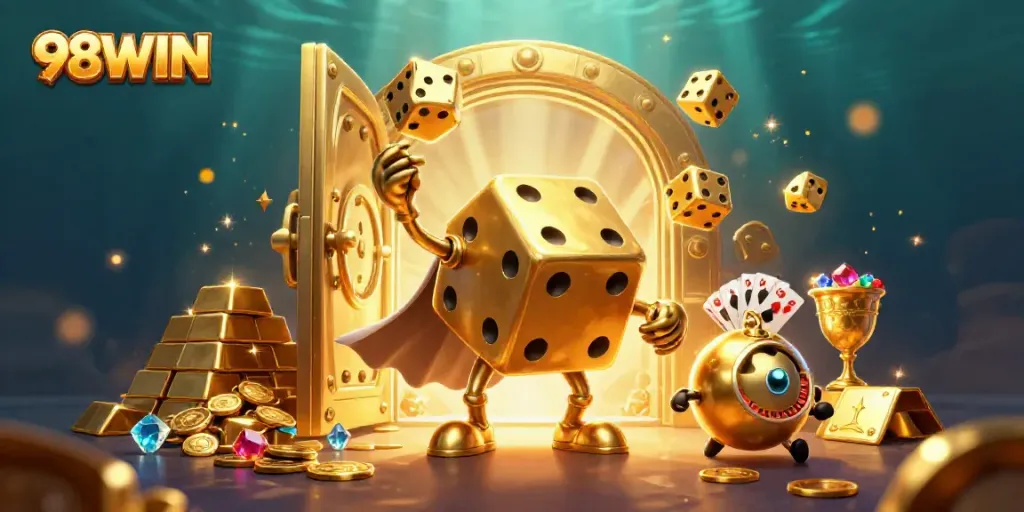 Engage in exciting gameplay at 98WIN with golden dice golem and treasures in captivating 3D art.
