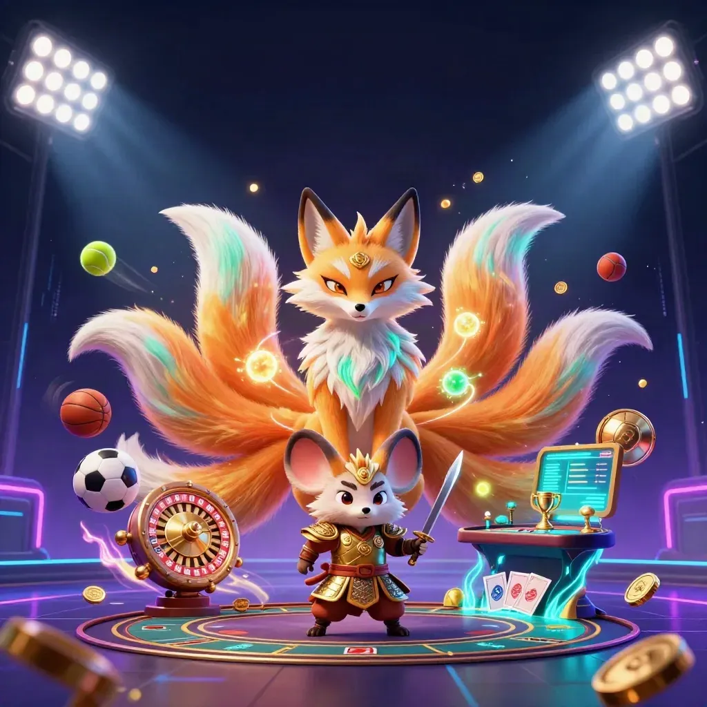 Neon fox spirit and samurai mouse amid casino magic, sports balls, coins, and glowing gold accents.