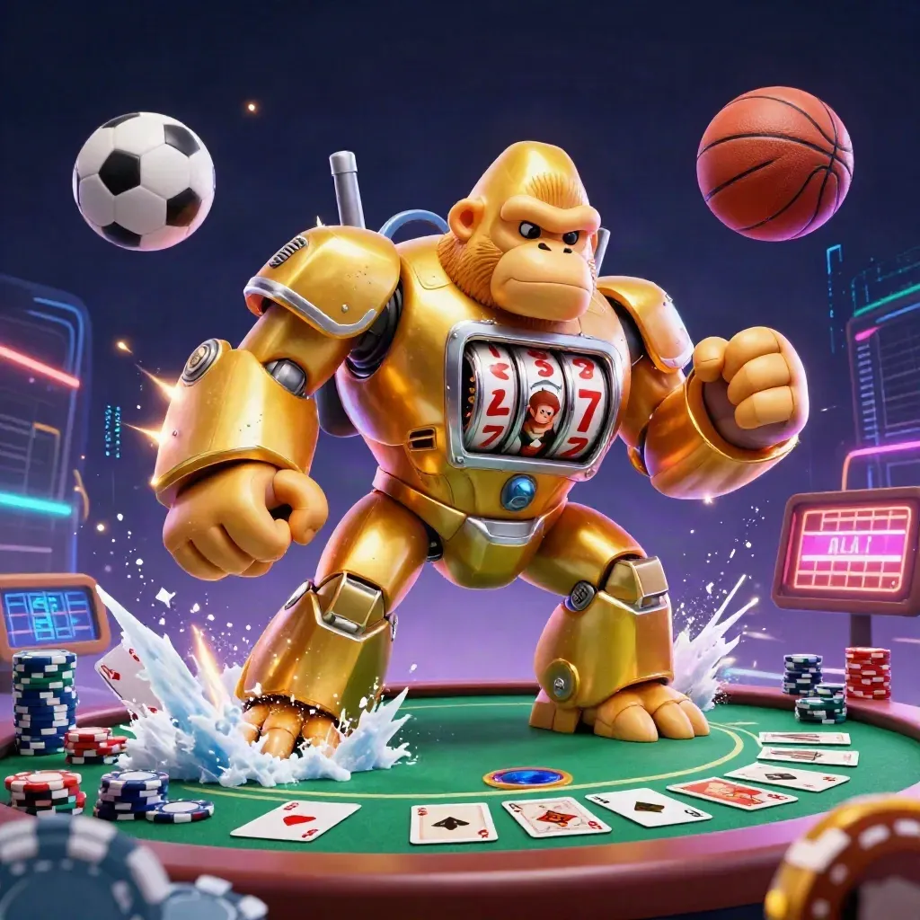 Golden gorilla slot mech with monkey pilot, chips, cards, balls and neon casino energy